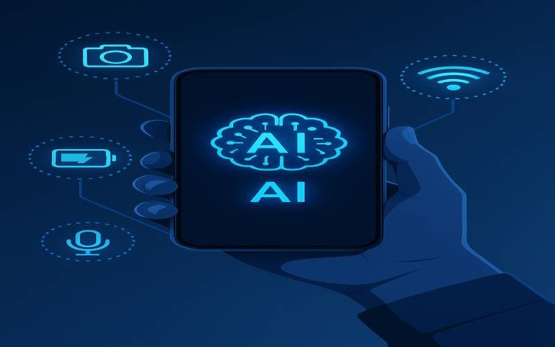 Infographic showing AI features in futuristic smartphones under 30000 for 2025 buyers
