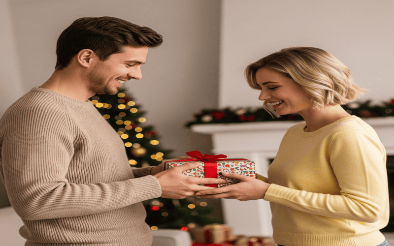 Couple exchanging gifts, thoughtful gift for girlfriend, impressive smartwatch gift
