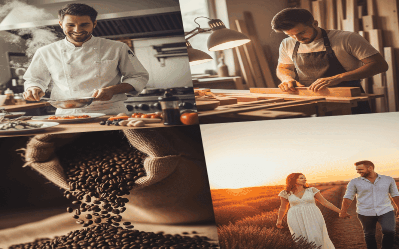 Collage of useful experience gifts for boyfriend: cooking class, workshop, gourmet coffee, and travel.