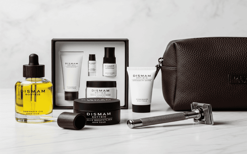 Premium grooming products including beard oil, a skincare set, and a stylish toiletry bag – useful gifts for a boyfriend's self-care.
