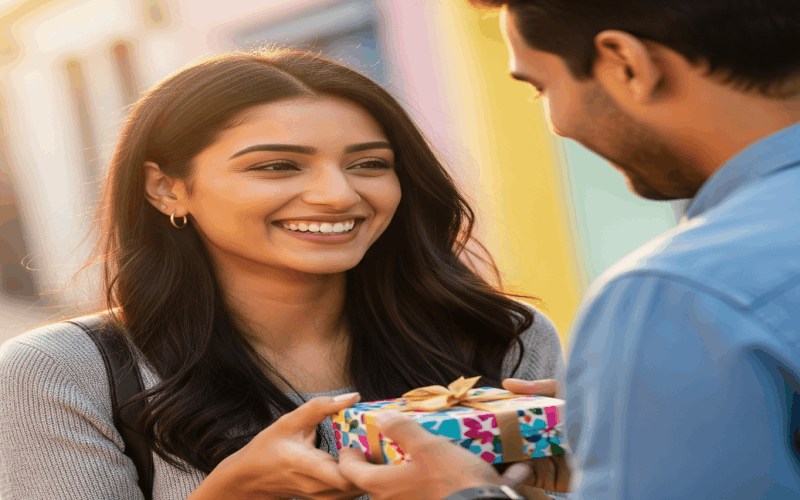 Happy couple sharing a moment, as a girlfriend gives her boyfriend a truly useful and appreciated gift.