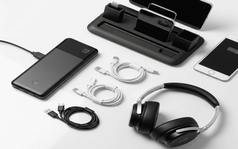 Flat lay of practical tech gifts for boyfriend: portable charger, noise-canceling headphones, and cable organizer.