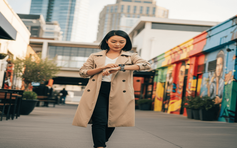 Woman confidently wearing smartwatch, best smartwatch gift for girlfriend lifestyle