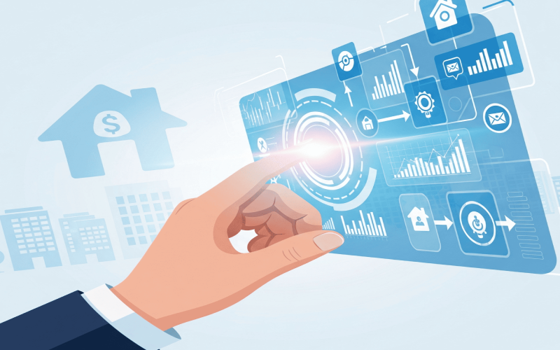 A hand interacting with a holographic interface displaying financial data and automation symbols, symbolizing the practical application of AI tools for wealth management and business growth.