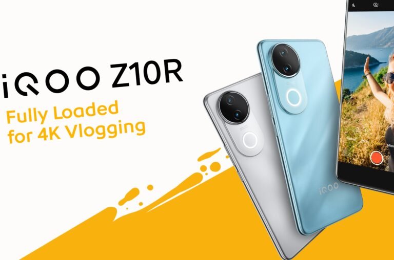 Rear and front design of iQOO Z10R showcasing camera setup and display quality