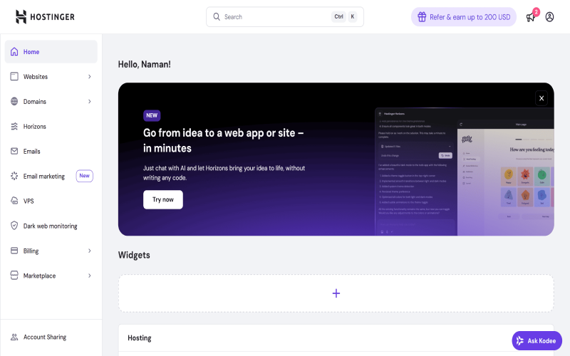 Screenshot of Hostinger dashboard and pricing plans highlighting Hostinger pros and cons