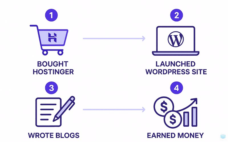 Infographic showing steps with Hostinger review 2025 – Bought Hostinger, launched WordPress site, wrote blogs, earned money