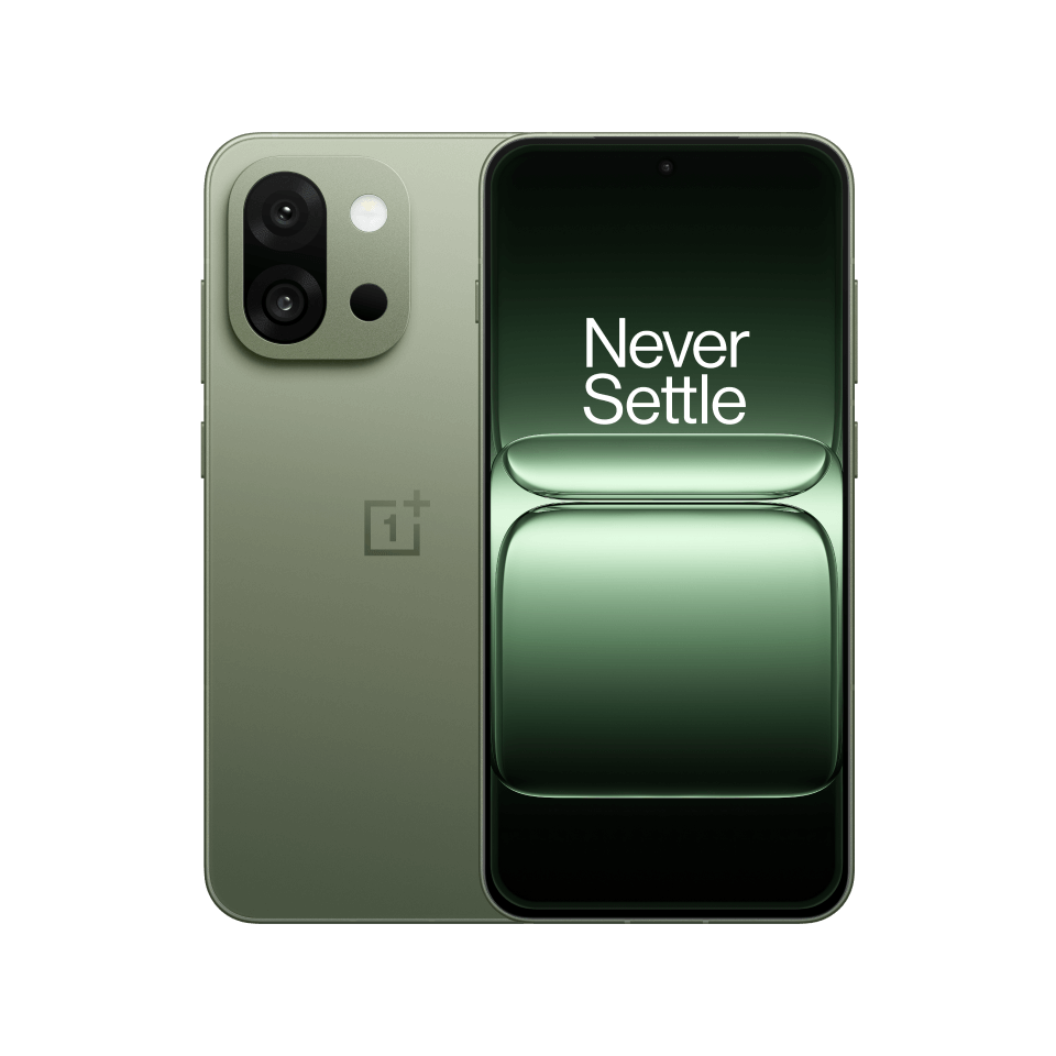 OnePlus 13s price, closeup of Sage Green back with dual cameras, front display visible, premium smartphone design