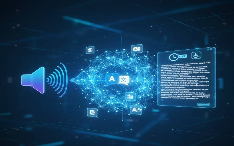 Diagram showing how AI Whisper transcription converts speech audio into text with multilingual support and real-time output