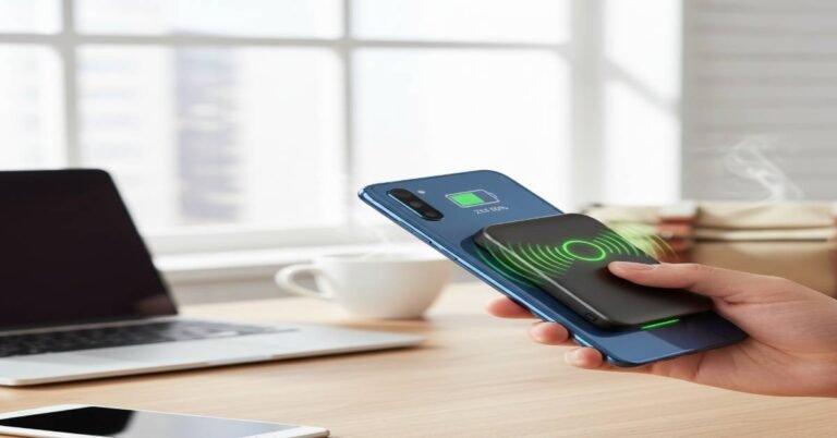 Magnetic wireless power bank snapped onto a smartphone for wireless charging, convenient portable charging bank