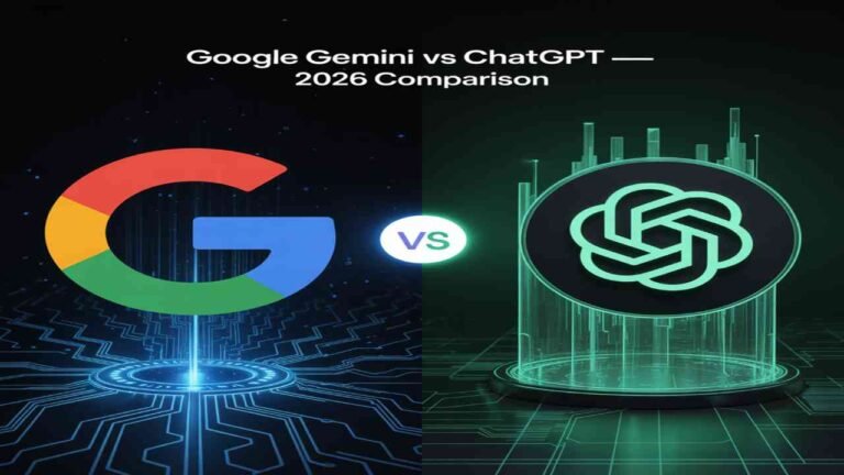 Google Gemini vs ChatGPT comparison 2026 conceptual AI illustration